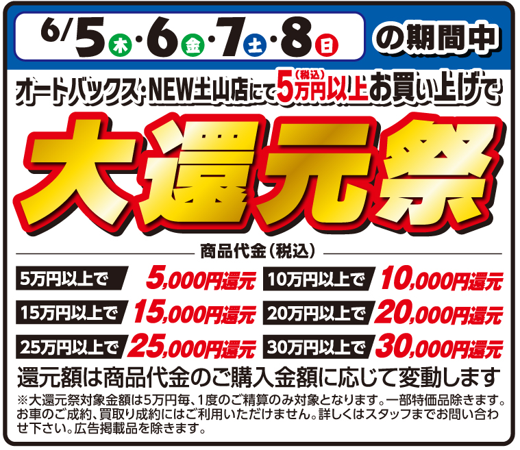 期間中オートバックス・NEW土山店にて、店頭表示価格5万円（税込）以上お買い上げで還元！
