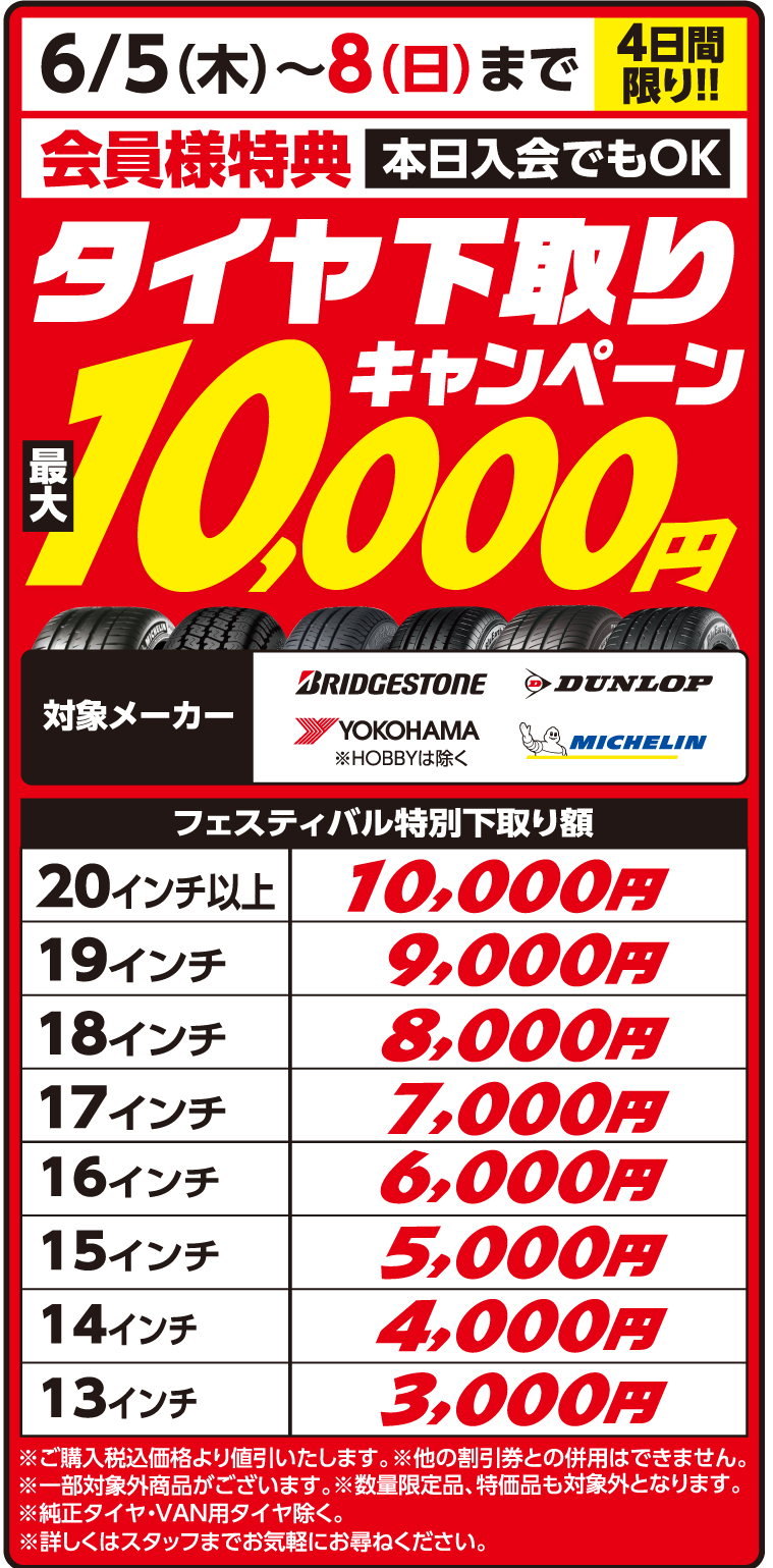 タイヤ下取りキャンペーン 最大10,000円！