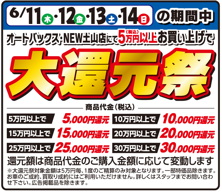 期間中オートバックス・NEW土山店にて、店頭表示価格5万円（税込）以上お買い上げで還元！